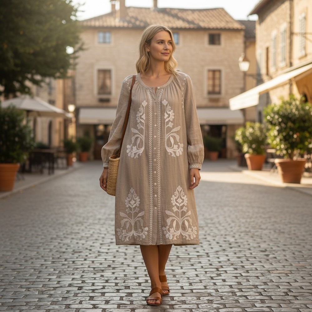 J.Jill Womens Embroidered Long Sleeve Button Front Linen Blend Dress Tan Small - Picture 4 of 8